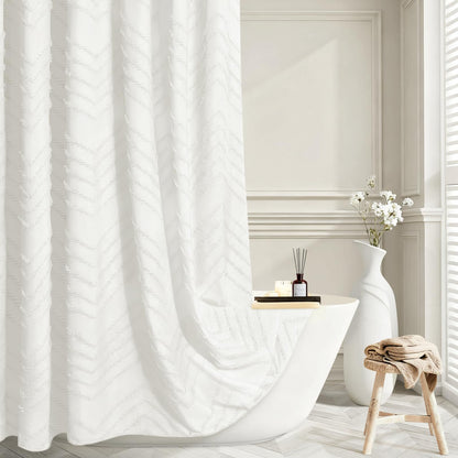 White Boho Farmhouse Shower Curtain Fabric for Bathroom-Hotel Spa Grade, Textured Polyester Waterproof Cloth Curtains-Includes 12 Double-Sided Hooks, 72x72 Inches