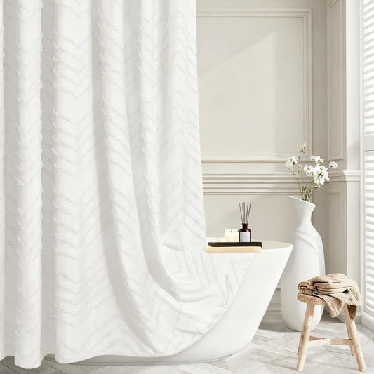 White Boho Farmhouse Shower Curtain Fabric for Bathroom-Hotel Spa Grade, Textured Polyester Waterproof Cloth Curtains-Includes 12 Double-Sided Hooks, 72x72 Inches