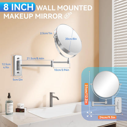 Auxmir 20X/1X Wall Mounted Makeup Mirror, 8" Double-Sided Magnifying Mirror with Tweezers, Bathroom Vanity Makeup Mirror, Cosmetic Mirror with 360° Swivel Extendable Arm, Chrome