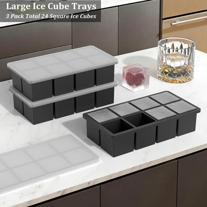 Bangp Silicone Ice Cube Trays with Metal Reinforced Frame(3 Pack),Large Ice Cube Tray with Lid,Easy Release Whiskey Ice Cubes Mold,Ice Trays for Freezer,Stackable Ice Cube Tray(Black)