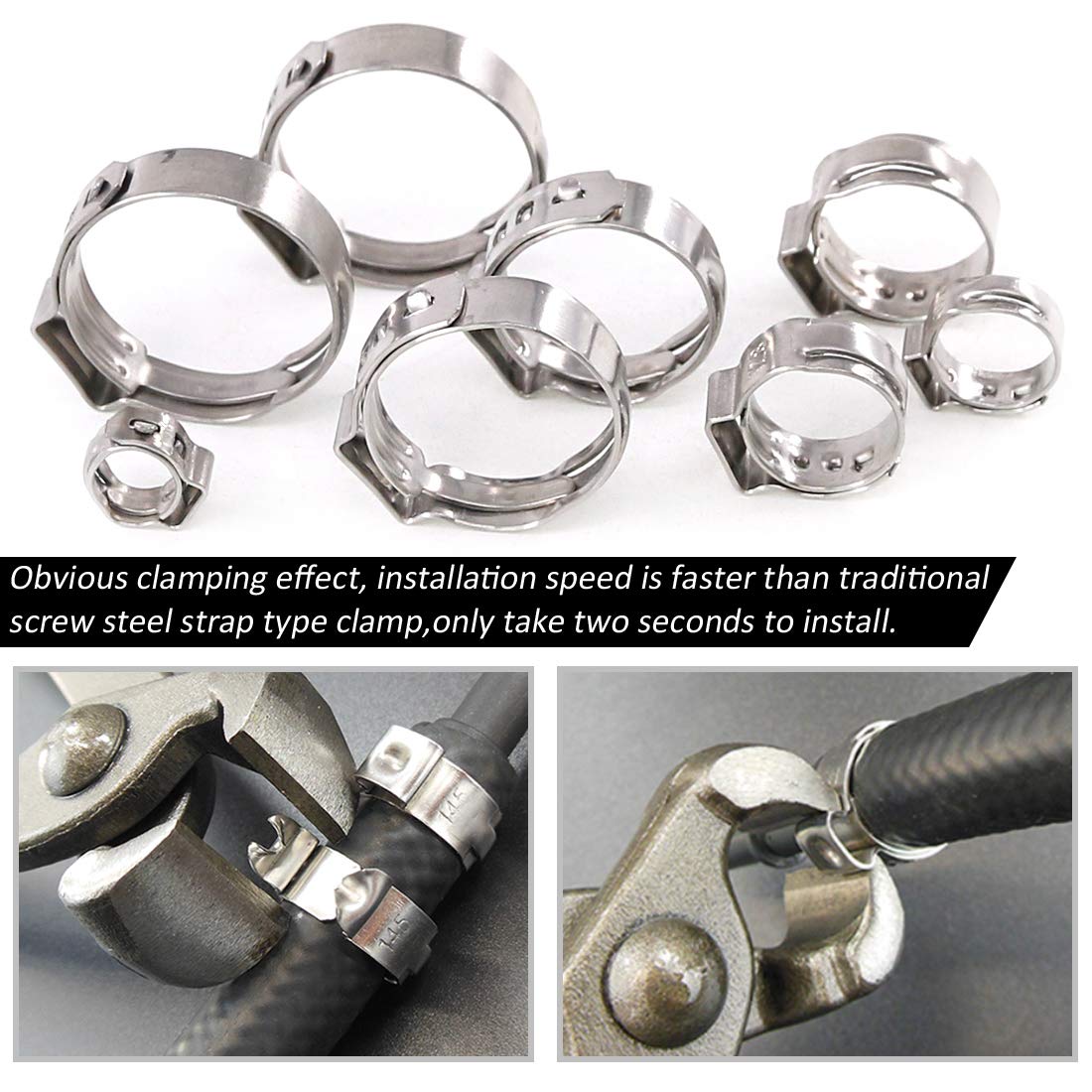 Rustark 120Pcs 6-23.5mm 304 Stainless Steel Single Ear Stepless Hose Clamp Clips Assortment Kit for Various Hoses and Automotive Use