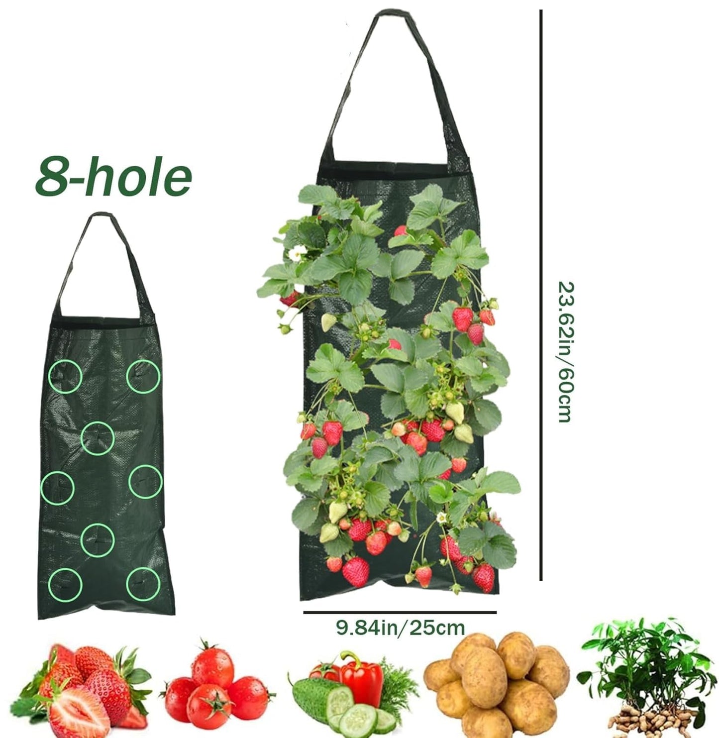 6PCS Hanging Strawberry Planter, 23.6" 8 Hole Upside Down Tomato Planter, Portable Hanging Grow Bags with Handle for Chili Herb Hot Peppers Vegetables (6 Pcs)