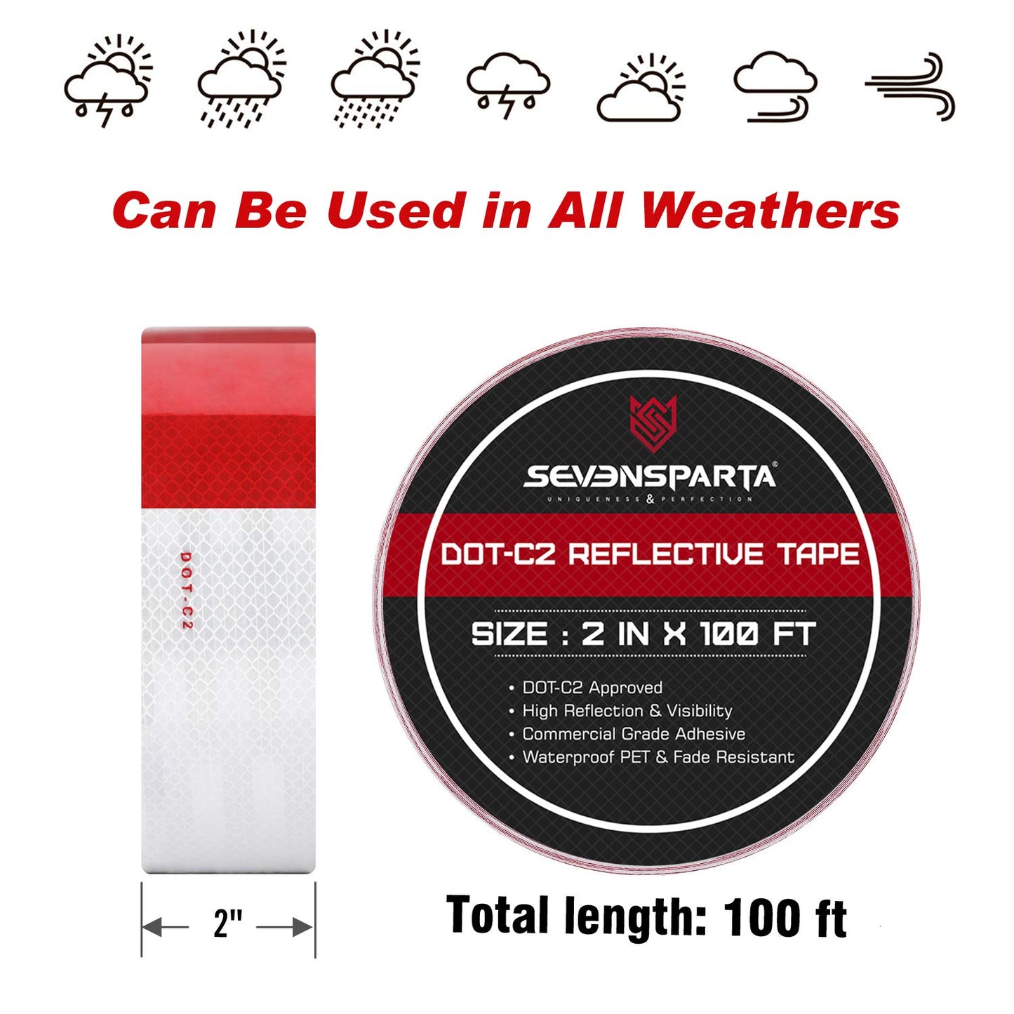 DOT-C2 Reflective Safety Tape 2 Inch x 200 Feet Red/White Conspicuity Tape for Vehicles, Trailers, Boats, Signs (200 FT)