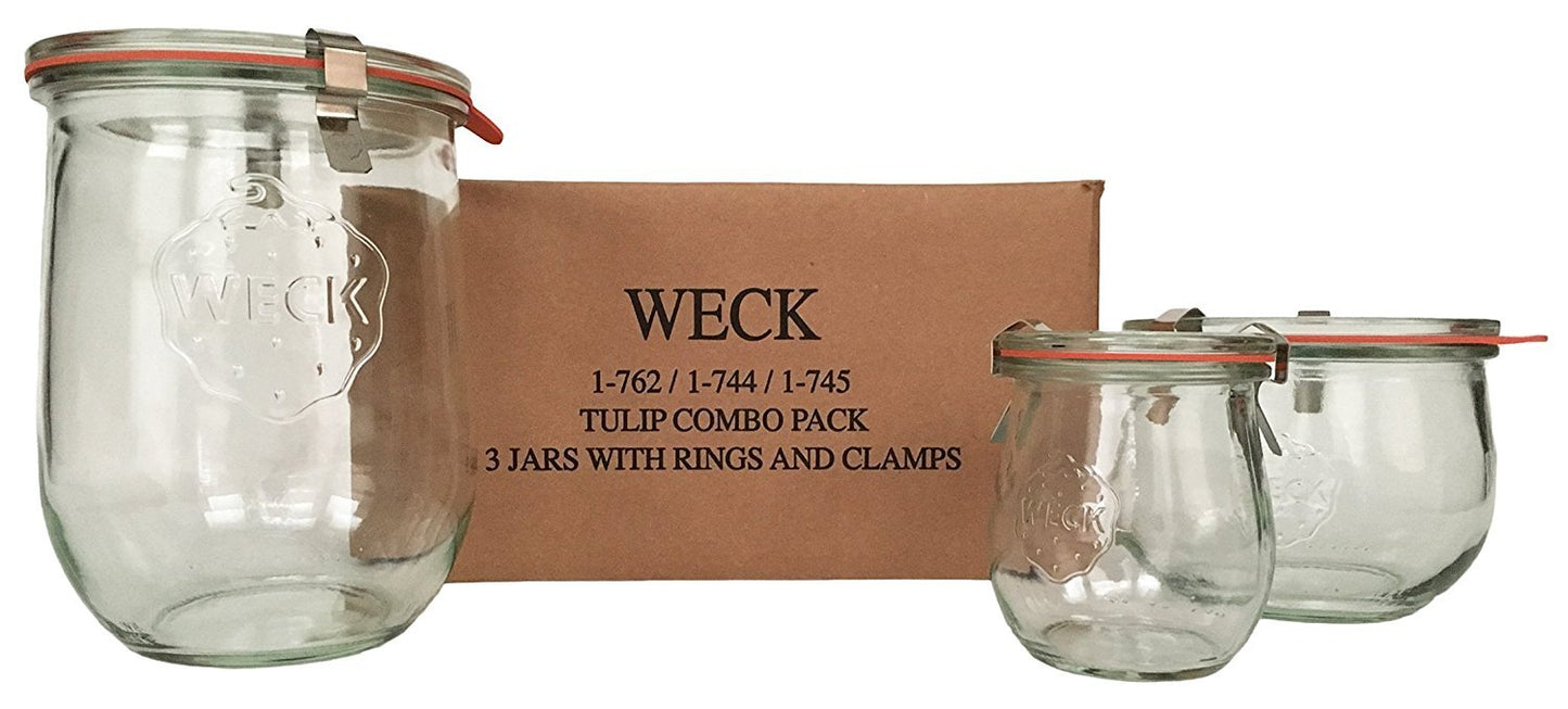 Weck Tulip Jar Combo Pack- (1) 762, (1) 744, (1) 745, (3) glass lids, (3) rubber rings and (6) clamps by Weck