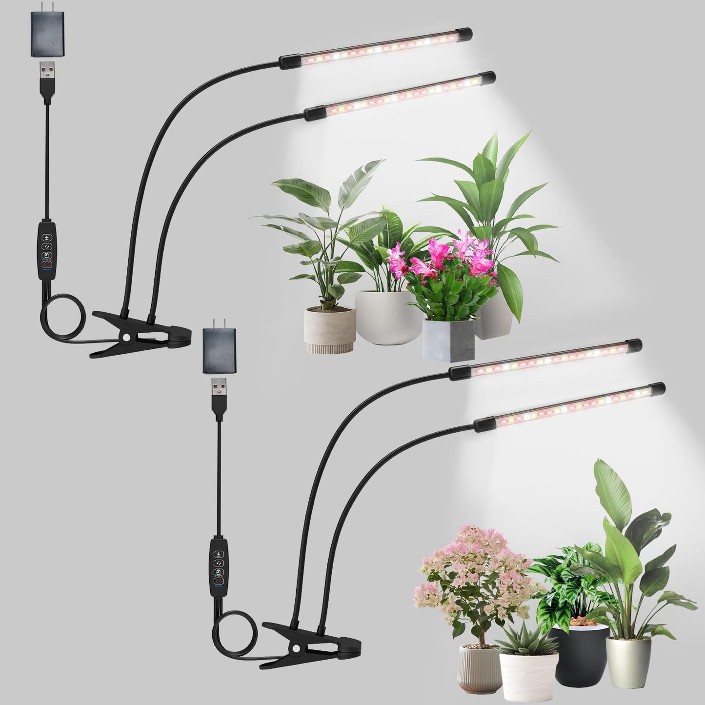 Sondiko Grow Lights for Indoor Plants Full Spectrum, 2 Heads Plant Lights Indoor with 3 Spectral Modes, 10 Level Brightness, Auto On/Off Timer, Memory Timing Function for Various Plants Growth, 2 Pack