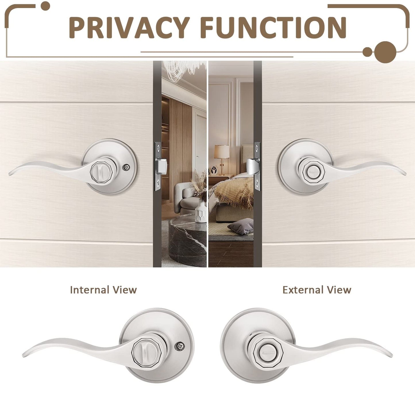 Probrico (1 Pack)Privacy Door Lever[Thumb Turn Lock on The Inside],Locking Door Handle Set for Bedroom & Bathroom Doors,Keyless Satin Nickel Finish Wave Door Lock, Reversible Right & Left Side Handed