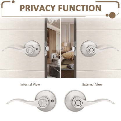 Probrico (1 Pack)Privacy Door Lever[Thumb Turn Lock on The Inside],Locking Door Handle Set for Bedroom & Bathroom Doors,Keyless Satin Nickel Finish Wave Door Lock, Reversible Right & Left Side Handed