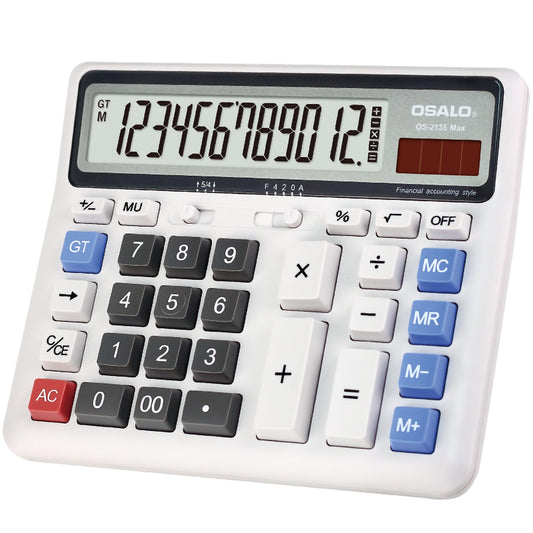 Desktop Calculator Extra Large LCD Display 12-Digit Big Number Accounting Calculator with Giant Response Button, Battery & Solar Powered, Perfect for Office Business Home Daily Use(OS-2135CA)
