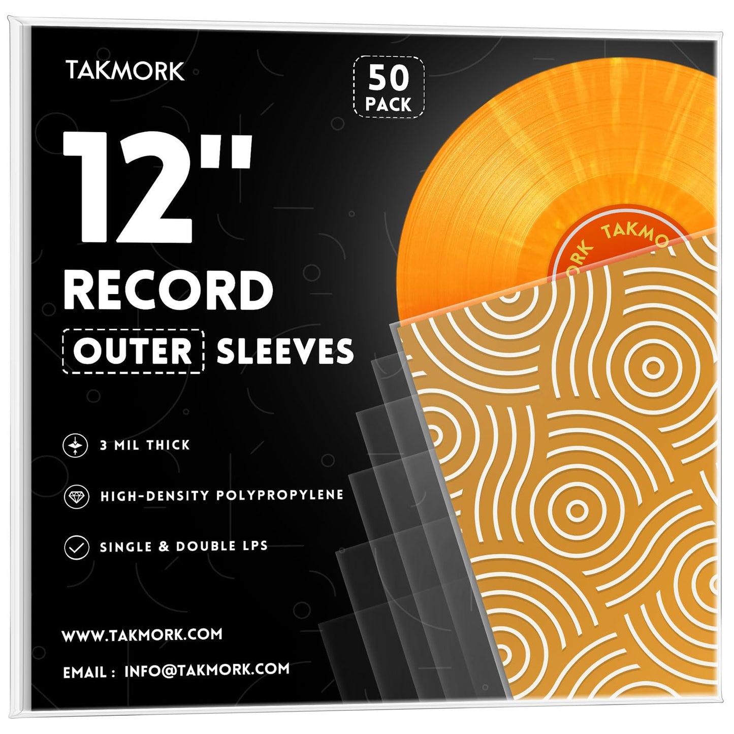 TAKMORK 12" LP Vinyl Record Protective Sleeves: 50 Crystal Clear & Durable 3 Mil Thick Outer Sleeves