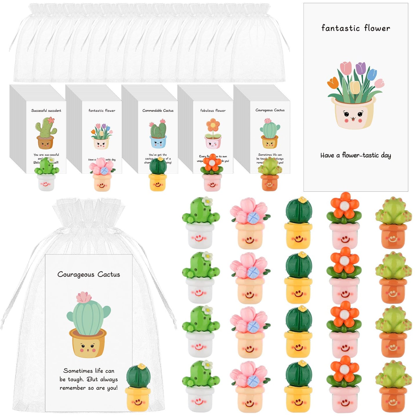 60 Sets Employee Appreciation Gifts Bulk for Coworkers Resin Flower Pot Inspirational Cards Commendable Cactus Flower Succulent Thank You Gift for Coworkers Employee Team Teacher Office Appreciation
