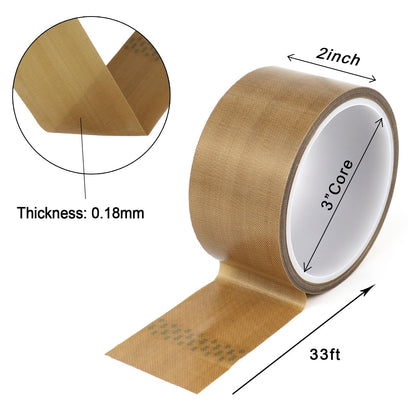 BOMEI PACK High Temperature PTFE Teflon Fabric Tape, PTFE Coated Fiberglass Adhesive Tape for Vacuum Sealer Machine, Hand Impulse Sealers Insulation, 0.18mm x 2inch x 33feet