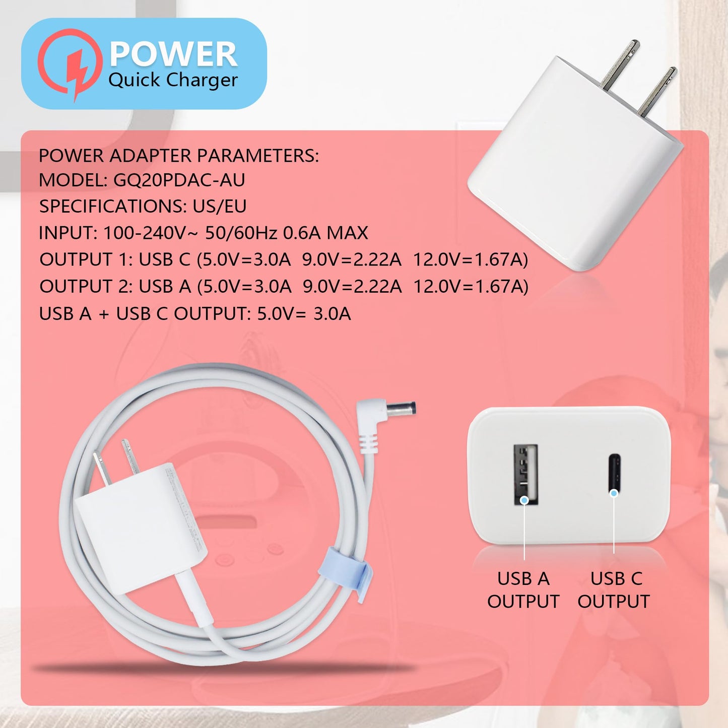 Wamlet USB C Charger for Medela Sonata, Pump-in-Style, Spectra S1 S2, Ameda, Lactina Hygeia - 6.6ft AC Charger Cable