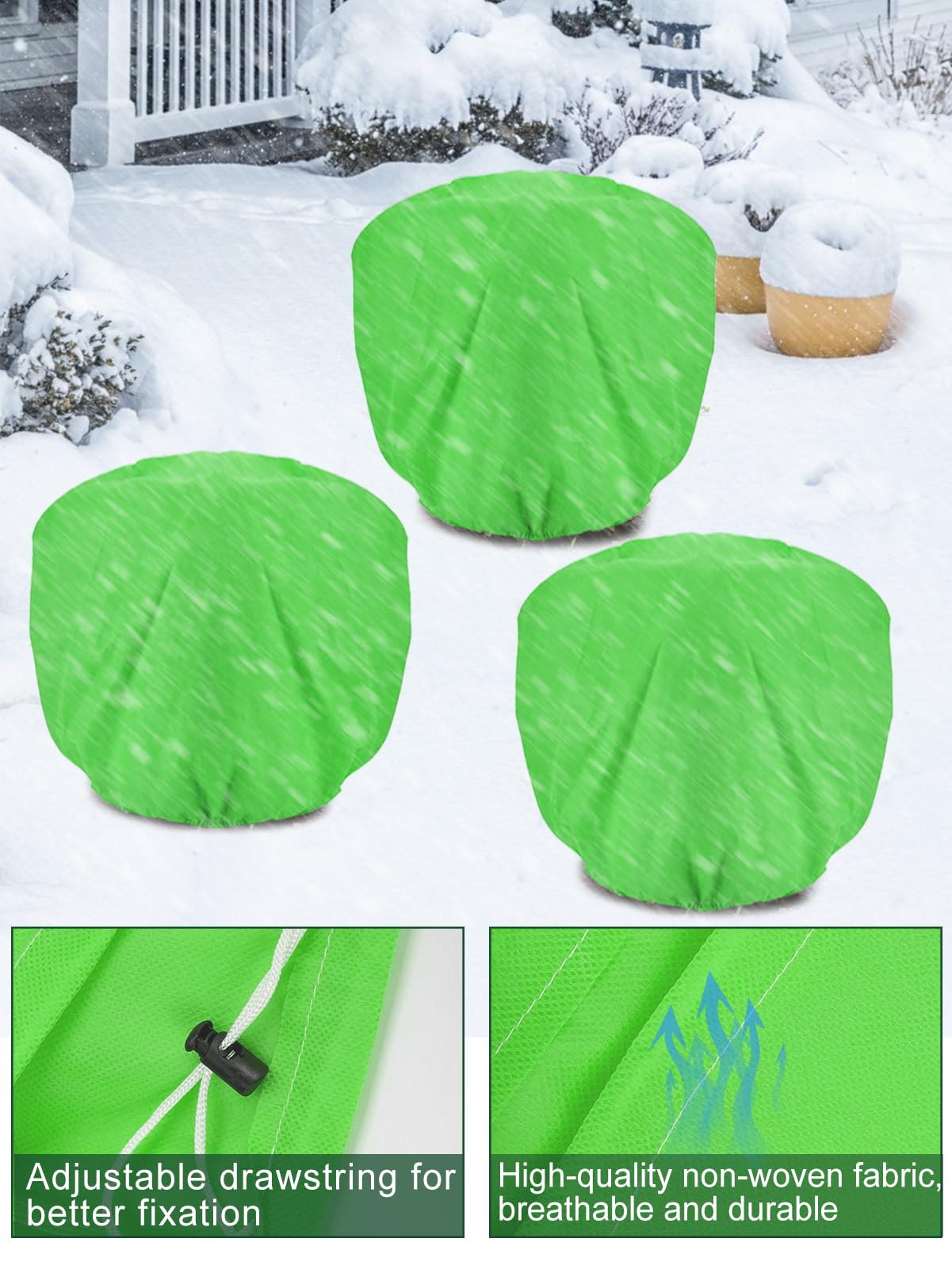 ANPHSIN 3 pcs 39.3in x 39.3in Plant Covers Freeze Protection - Winter Shrub Plant Protection Bags, Frost Blankets Cloths with Drawstring for Outdoor Garden Potted Plants, Green