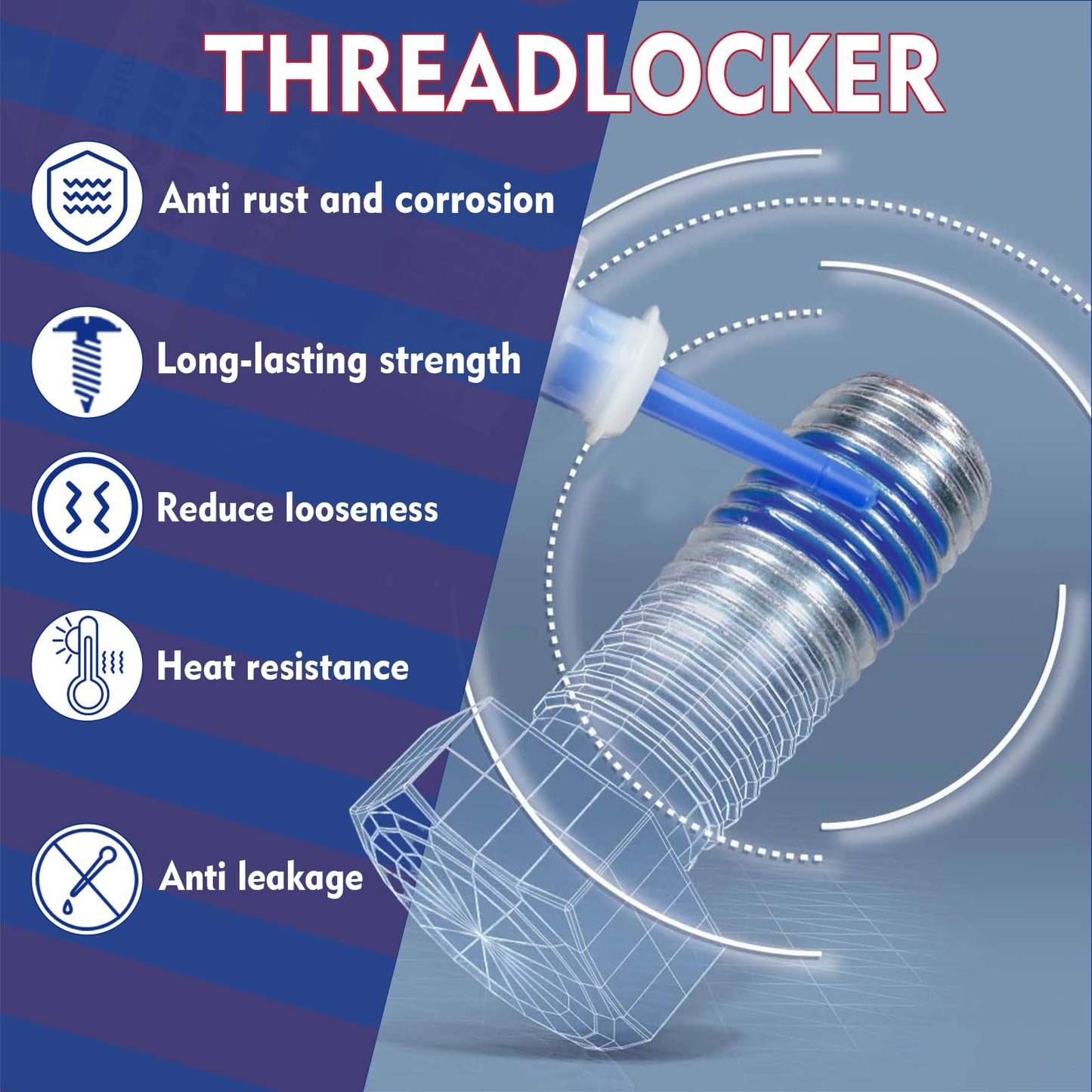 Thread Lock Blue and Red 50 ML*2, Threadlocker Medium & High Strength, Thread Locker for Nuts, Bolts, Fasteners, Metals, Against Losening and Leakage