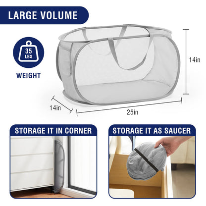 Collapsible Mesh Pop Up Laundry Basket with Durable Handles and Pockets, Portable, Foldable, Deluxe Clothes Hamper for Travel, Laundry Room, Dorm or Bathroom, Space Saving Organizer, Grey, 2 Pack