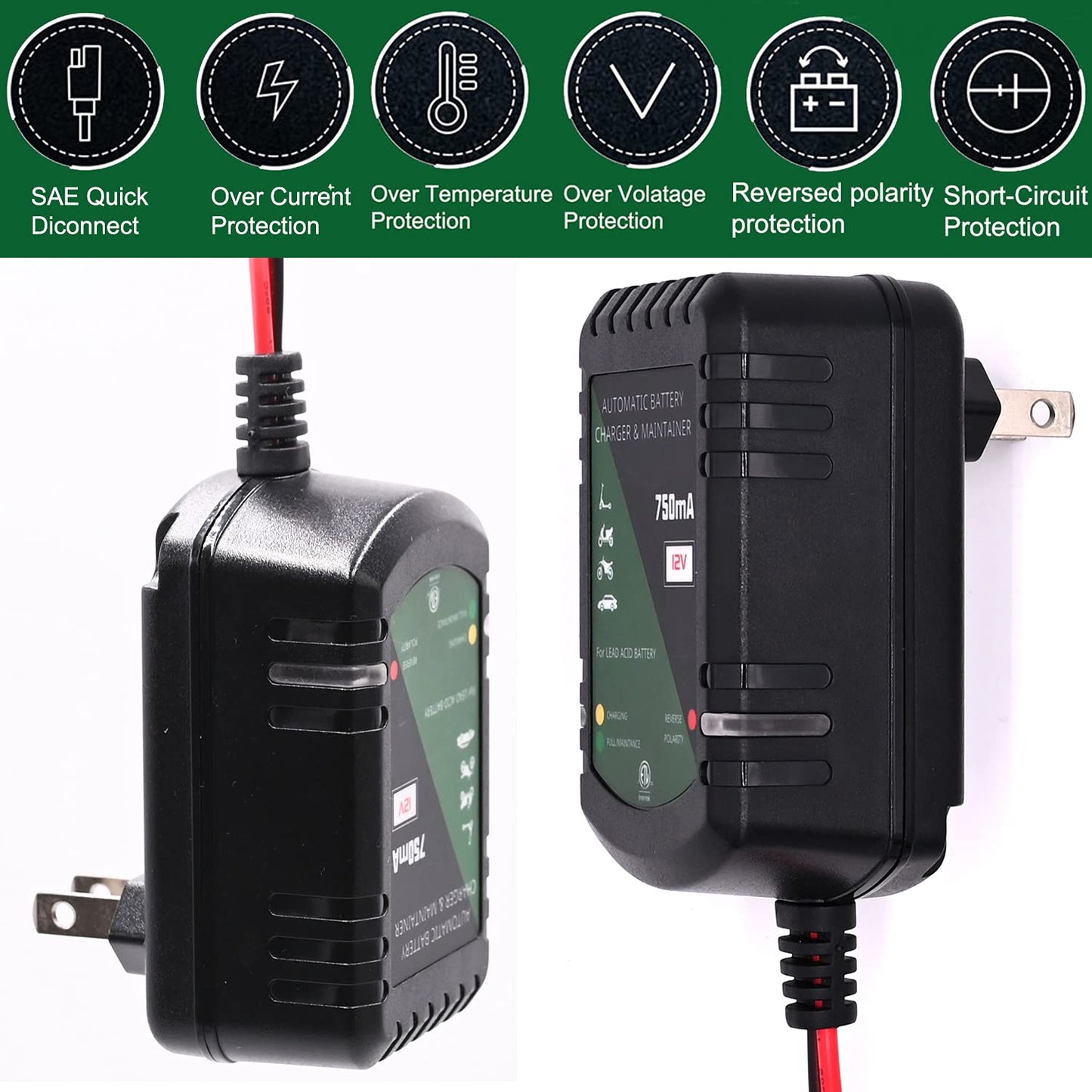 12 Volt Battery Charger 750mA Automatic Battery maintainer trickle Battery Charger for Automotive car Motorcycle Lawn Mower Boat ATV Sealed Lead Acid Batteries