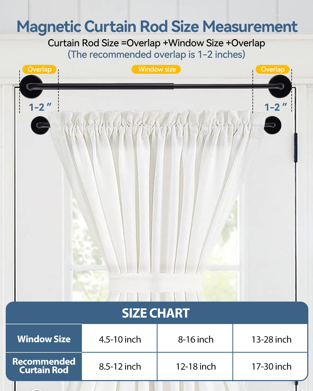 Ruiony Magnetic Curtain Rod for Metal Doors, French Door Curtain Rods Adjustable from 17 to 30 Inch, 3/8 Inch Diameter, Magnet Cafe Rod for Any Metel Surface, No Tool and Easy Install, Black, 2 Pack