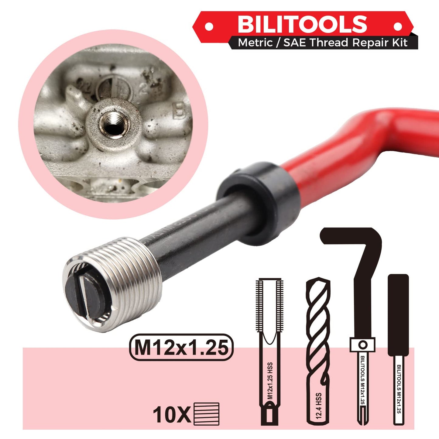 BILITOOLS M12x1.25 Thread Repair Kit, HSS Drill Helicoil Repair Kit Metric