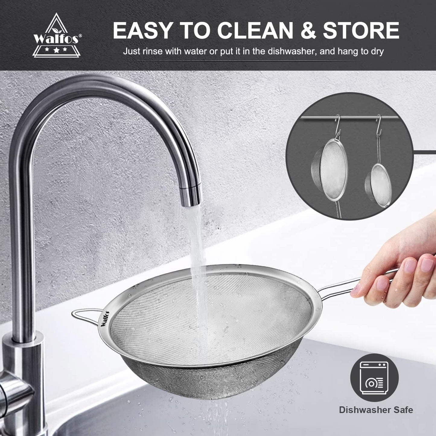 Walfos Fine Mesh Strainer Set of 4-9.5", 7", 4.7", 2.8", Multipurpose Stainless Steel Mesh Sieve with Handle, Kitchen Fine Strainers Sifters for Food, Rice, Quinoa, Fruits, Vegetables, Tea