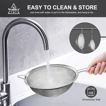 Walfos Fine Mesh Strainer Set of 4-9.5", 7", 4.7", 2.8", Multipurpose Stainless Steel Mesh Sieve with Handle, Kitchen Fine Strainers Sifters for Food, Rice, Quinoa, Fruits, Vegetables, Tea
