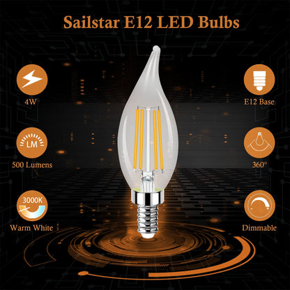Sailstar E12 Candelabra Bulb 60 Watt Equivalent, Dimmable E12 LED Bulb 3000K Warm White, 60W Candelabra LED Light Bulbs Flame Tip, 4W LED Candelabra Bulbs for Chandelier, 500LM, 120V, CRI 85, 10 Pack