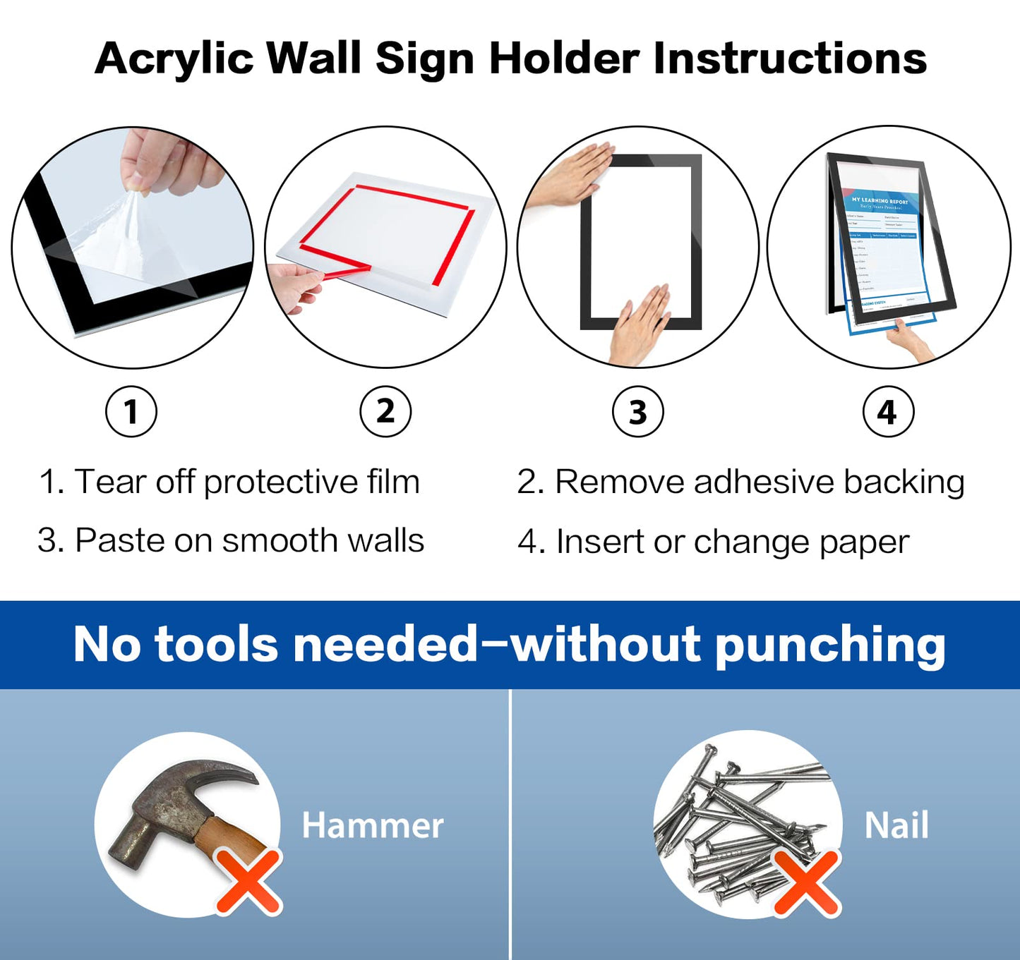 VAIIGO Acrylic Sign Holder 8.5" x 11", 3 Pack Self Adhesive Magnetic Wall Mount Sign Holder with Nano Tape and Magnetic Border, Horizontal or Vertical Sign Holder for Wall, Glass, Home, Store, Office
