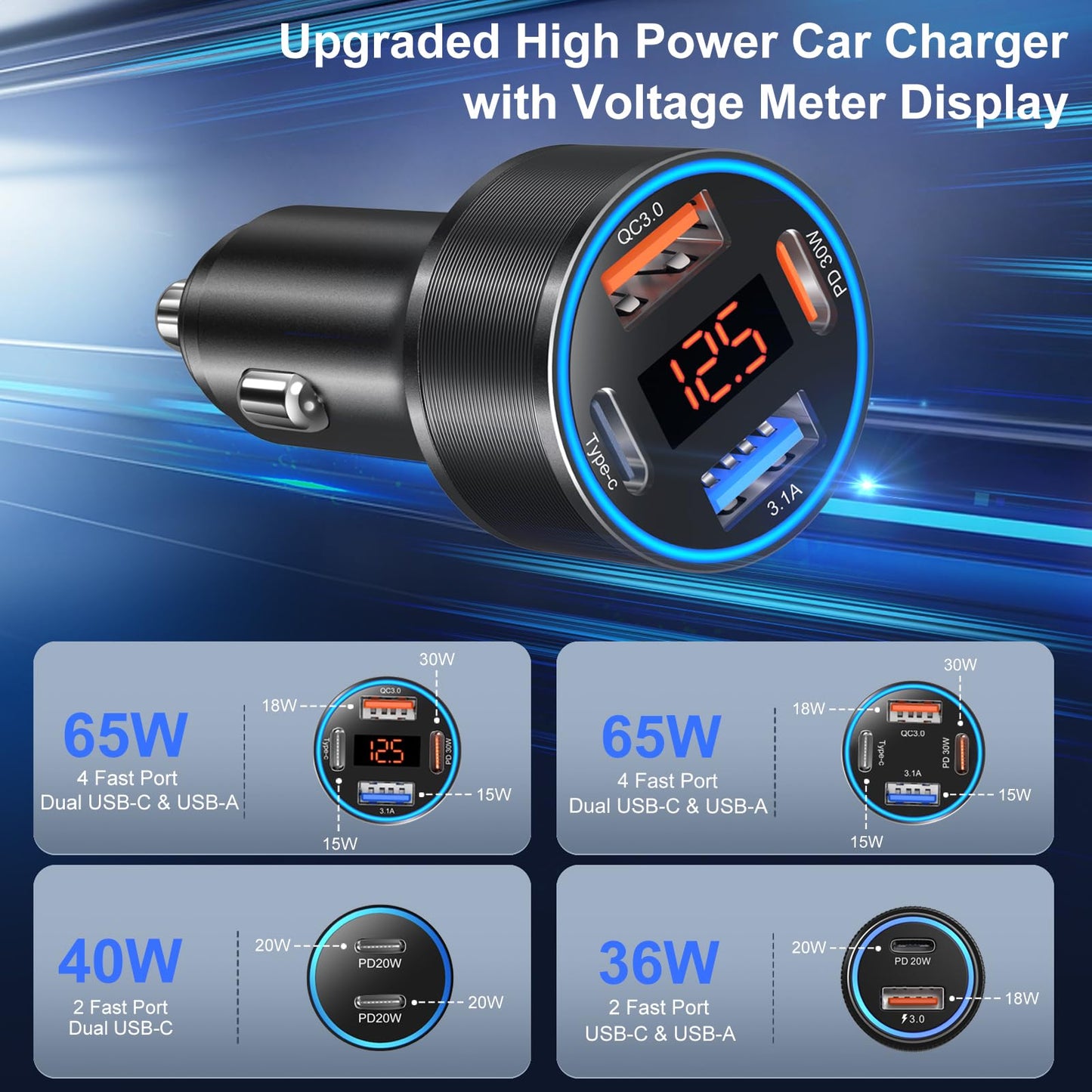 USB C Car Charger 3 Pack, 65W 4-Port Super Fast Car Phone Charger PD+QC 3.0 12V USB Car Charger with Voltage Display Cigarette Lighter Adapter for iPhone 16e 15 14 13 12 Pro Max,Samsung,Android(Black)