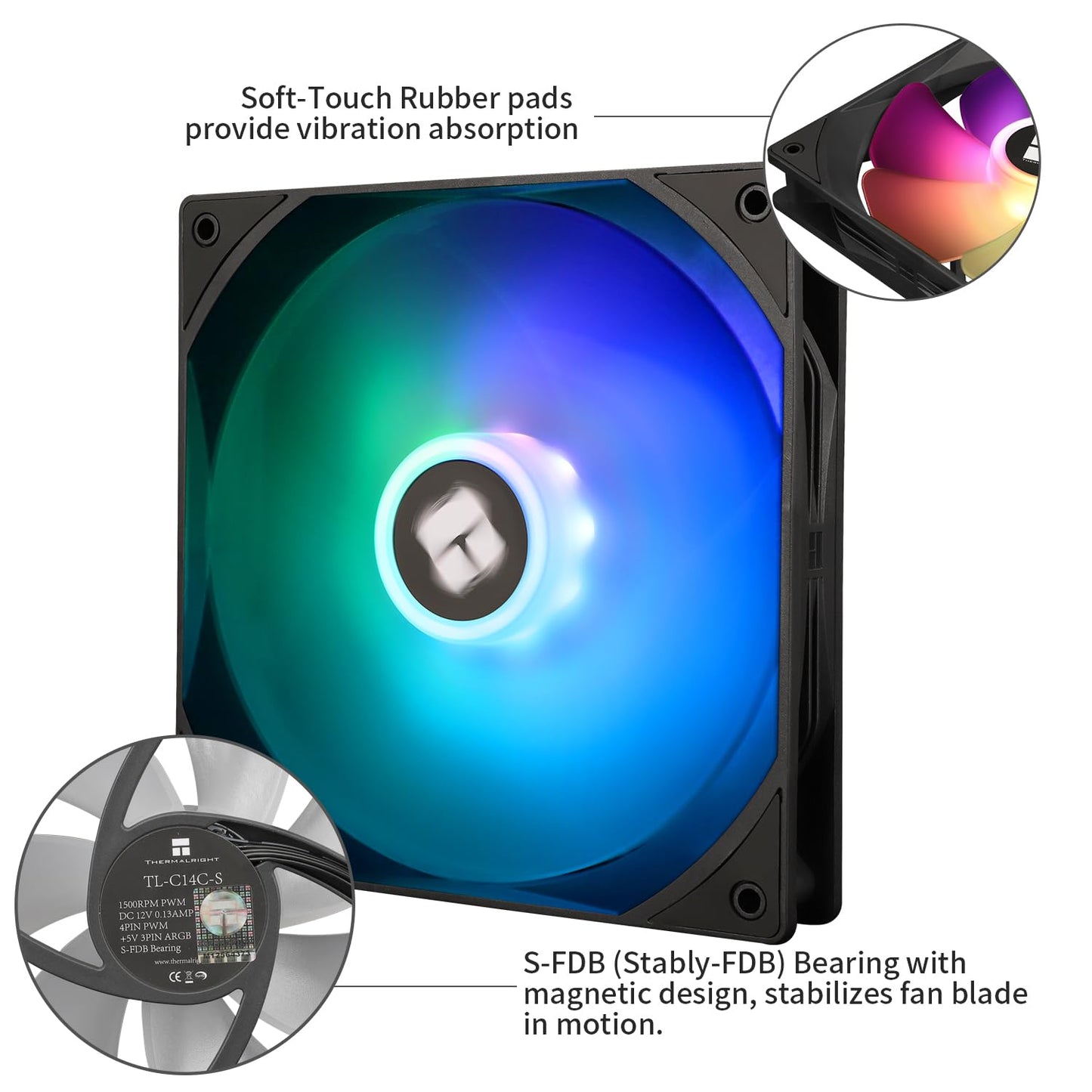 Thermalright TL-C14C-S Case Fan High Performance Cooler Fan 1500RPM,4-PIN PWM Cooling Fan with S-FDB Bearing,3 Packs CPU Fan (140mm, ARGB)