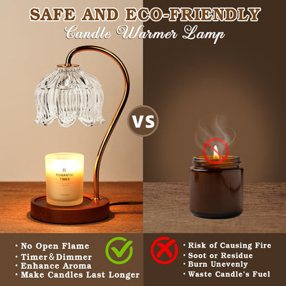 Crystal Candle Warmer Lamp with Timer Dimmer, Flower Candle lamp Warmer, 2 Bulbs, Wax Melter Warmer for Jar Scented Candles, Mothers Day Birthday Gifts Ideas for Women Mom