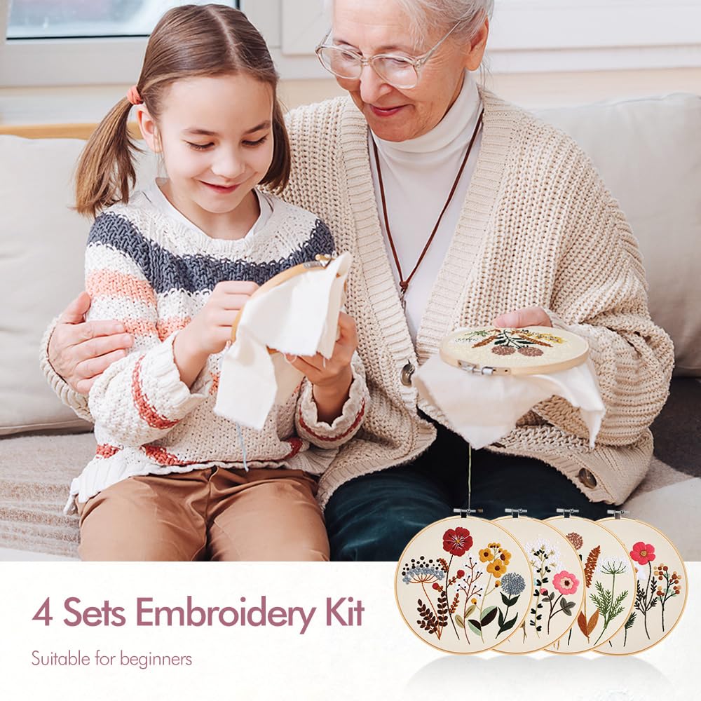 wtisan Embroidery Kit, 4 Sets Embroidery Kit for Beginners with Stamped Flower Pattern, Cross Stitch Starter Kits for Adults Hand Craft Lover with Embroidery Hoop, Instructions and Threads