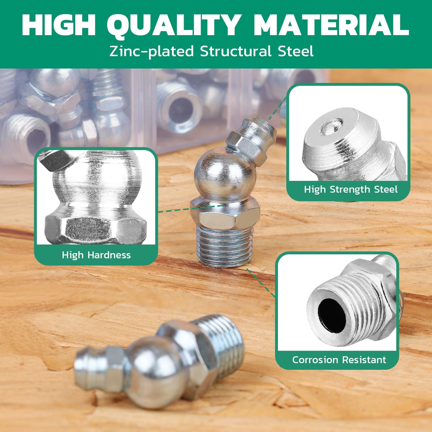 OURU 150PCS Grease Fittings Assortment, SAE & Metric Zerk Grease Fittings Straight 45 90 Degree with Grease Fitting Caps & Wrench Kit(7-11mm) for Grease Gun