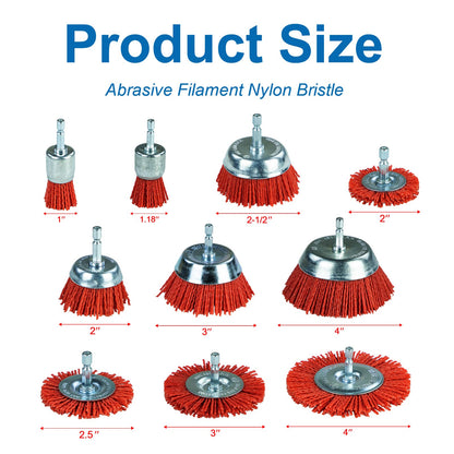 SALI 10 Pack Nylon Filament Abrasive Wire Brush Wheel & Cup Brush Set with 1/4 Inch Hex Shank, 4 Sizes Nylon Drill Brush Set for Removal of Rust Corrosion Paint