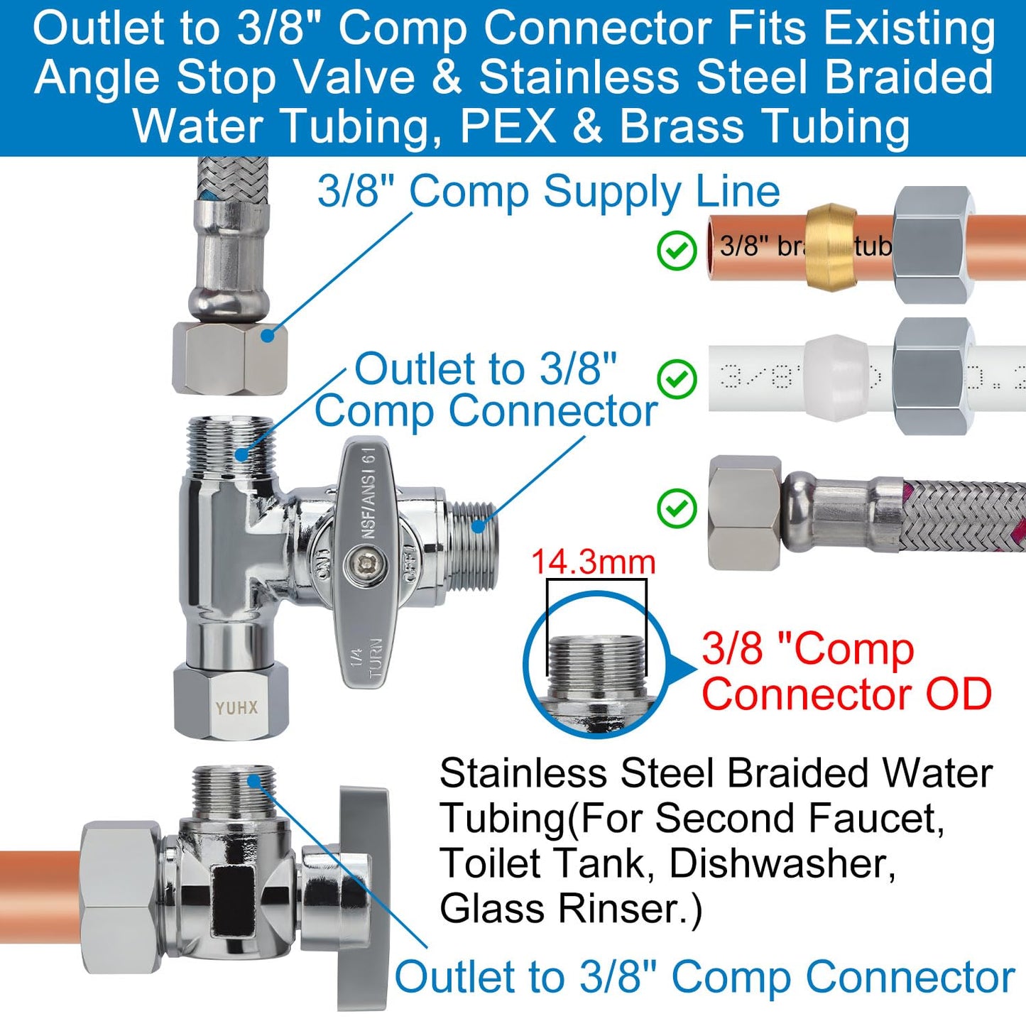 YUHX Brass Angle Stop Add-A-Tee Valve for TOTO Washlet Bidet and Handheld Sprayer, 3/8 Compression Connector 3 Way Diverter 3/8" x3/8" x3/8" or 1/2" Toilet T Adapter