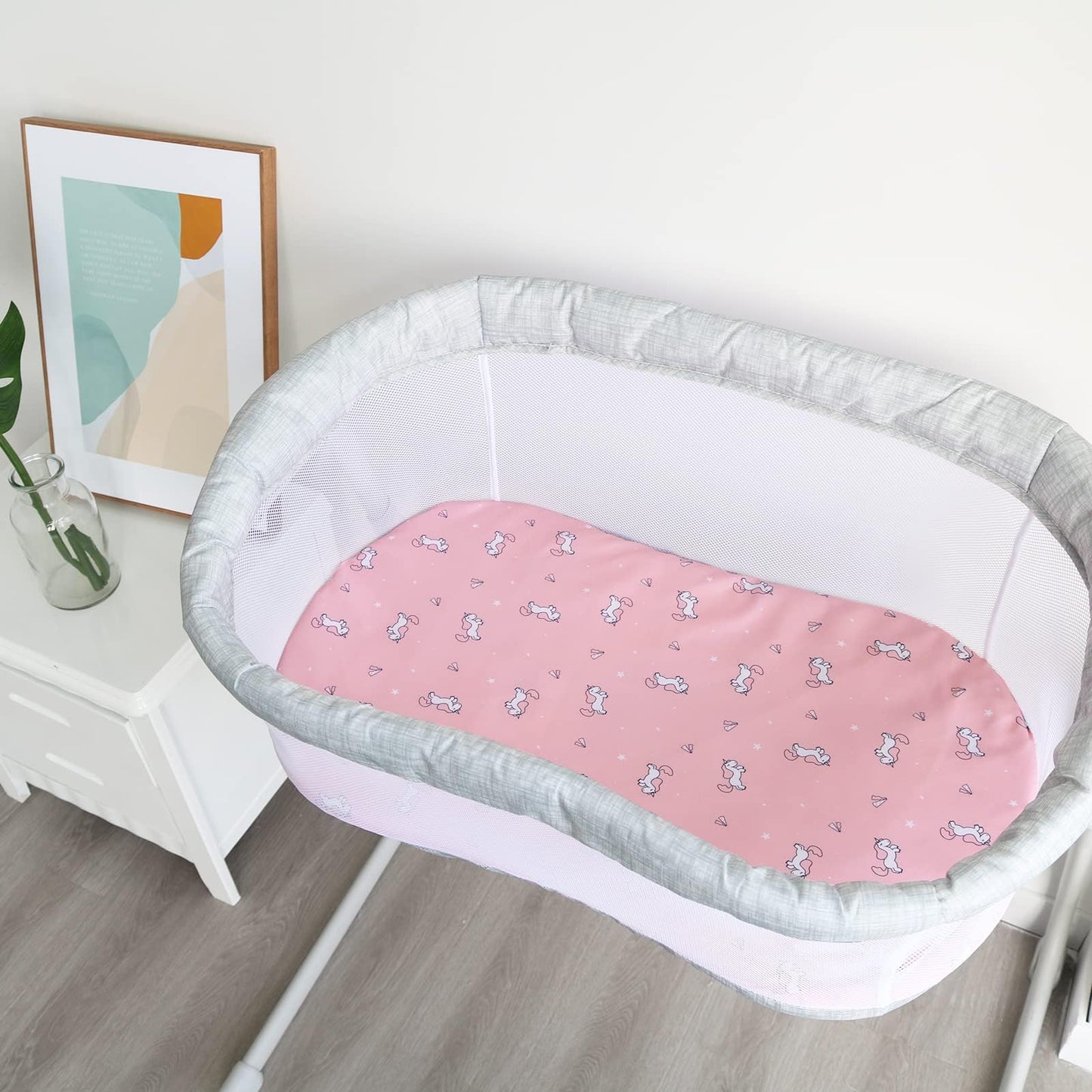 Bassinet Fitted Sheet(33" x 20"), Bassinet Sheets 4 Pack, Compatible with Most Bedside Sleeper Bassinet, Bassinet Sheets with Ultra Soft Microfiber Surface, Pink Print