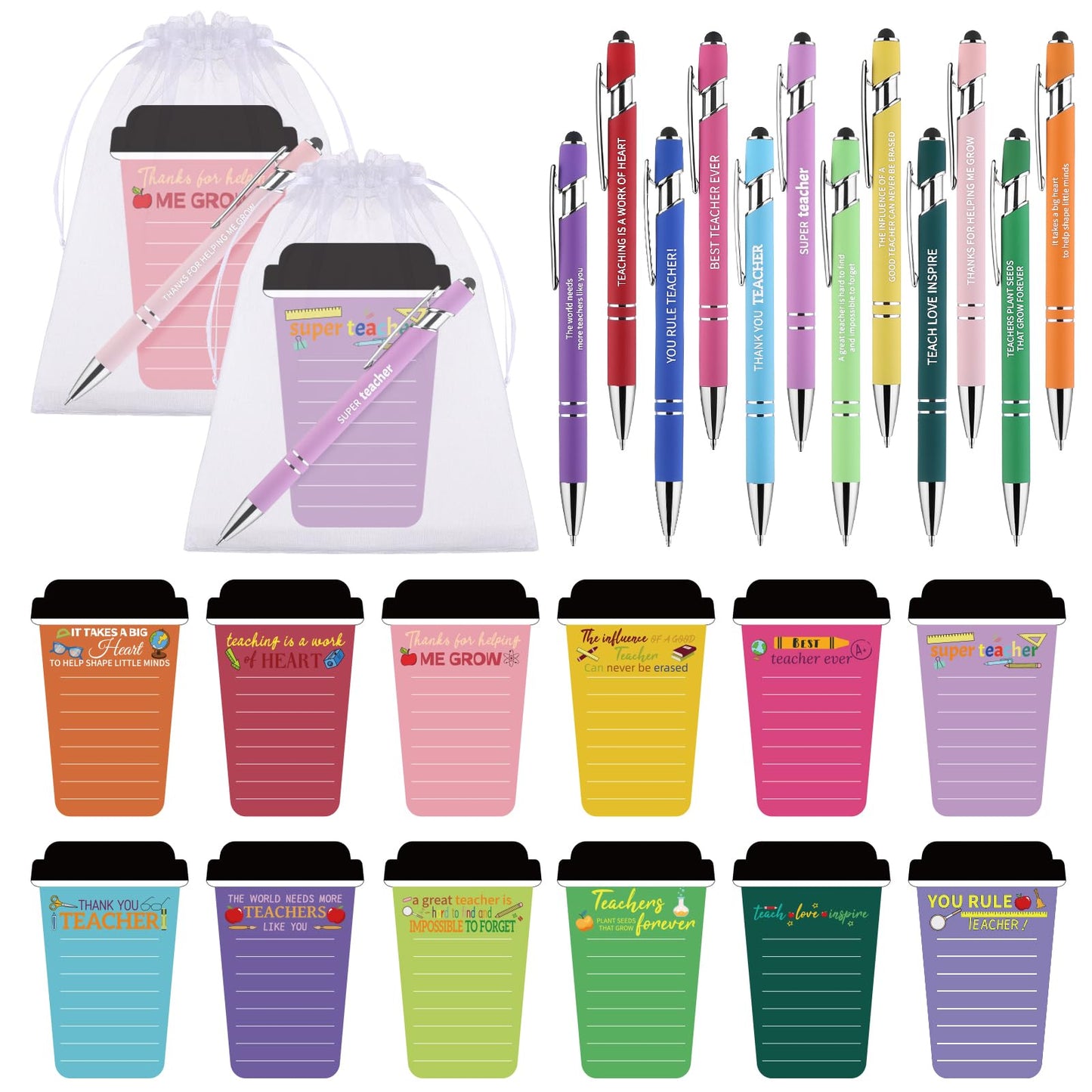 Youdaju 36 Pcs Thank You Coffee Cup Notepads Teacher Inspirational Sticky Notes Motivational Sticky Notes Writing Memo Pad with Pen Organza Bag for Teacher Team Staff Employee Appreciation Gift