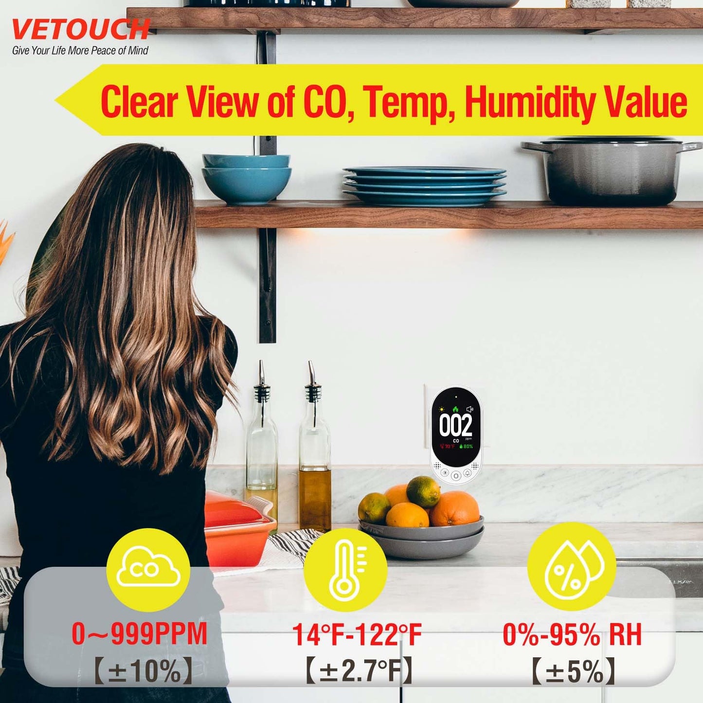 VETOUCH Carbon Monoxide Detector Plug in, Portable Carbon Monoxide Detectors, Simultaneously Checks Temperature/Humidity, Remind Function,Clear LCD Display,for Home Kitchen RV Travel CO Detector