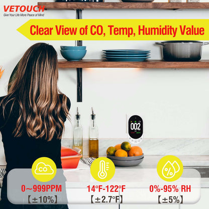 VETOUCH Carbon Monoxide Detector Plug in, Portable Carbon Monoxide Detectors, Simultaneously Checks Temperature/Humidity, Remind Function,Clear LCD Display,for Home Kitchen RV Travel CO Detector