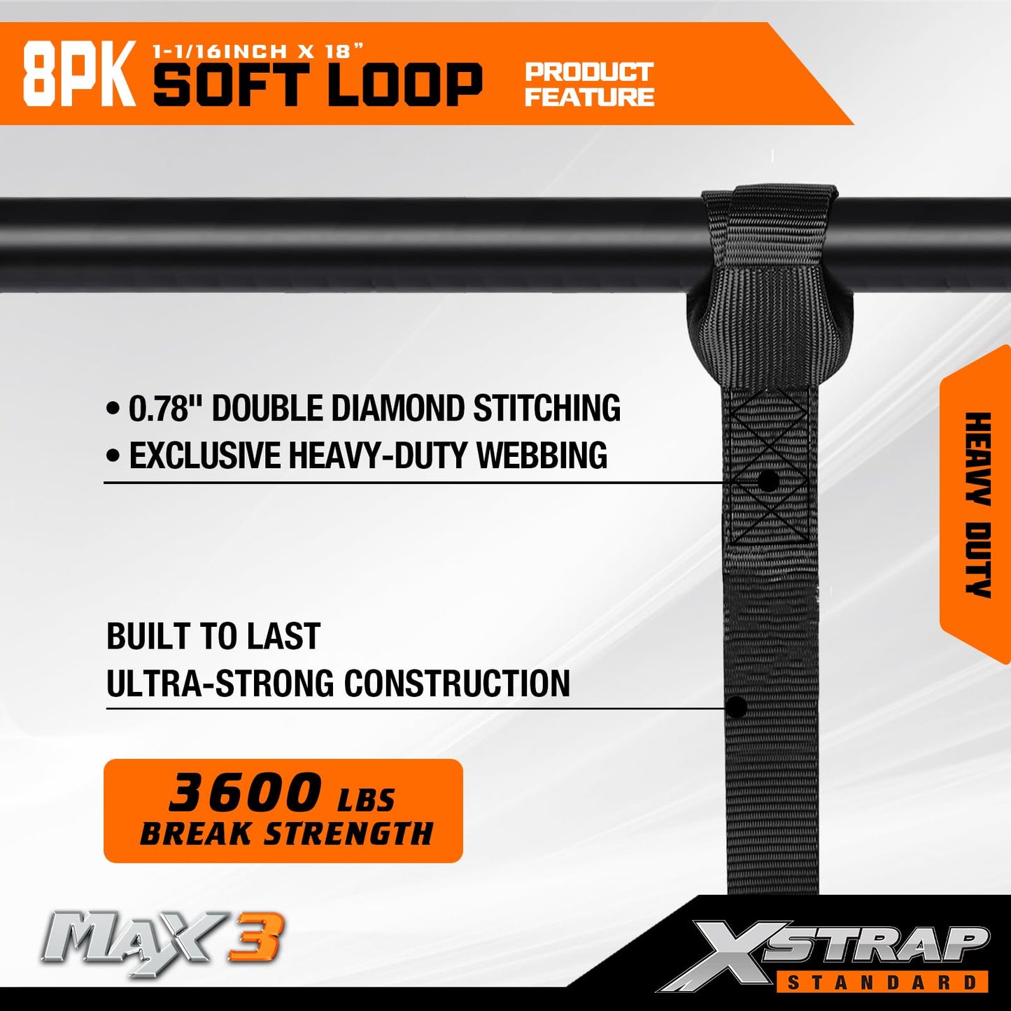 XSTRAP Standard 8PCS Soft Loop Tie-Down Straps1-1/16 x 18 inches - 3600LB Breaking Strength, Loops for Securing Trailering of Bikes, ATV, UTV, Motorcycles, Scooters, Dirt Bikes, Lawn Equipment, Blac