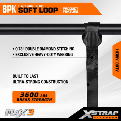 XSTRAP Standard 8PCS Soft Loop Tie-Down Straps1-1/16 x 18 inches - 3600LB Breaking Strength, Loops for Securing Trailering of Bikes, ATV, UTV, Motorcycles, Scooters, Dirt Bikes, Lawn Equipment, Blac