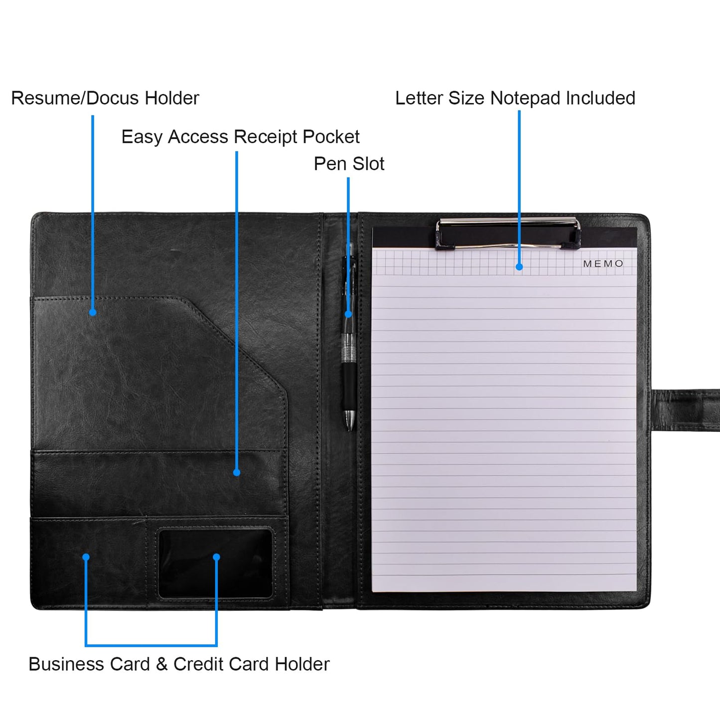 VANRA Padfolio Clipboard Folder Leather Portfolio Binder Organizer Interview Resume Folder for Papers Legal Document A4 Letter Size Writing Pad Notepad Clip Boards with Business Card Holder (Black)