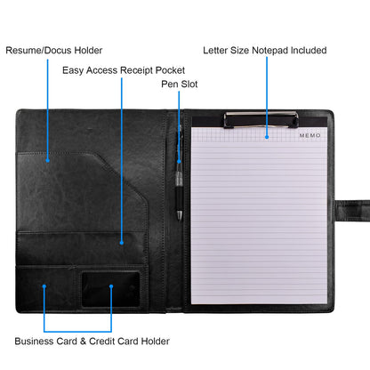 VANRA Padfolio Clipboard Folder Leather Portfolio Binder Organizer Interview Resume Folder for Papers Legal Document A4 Letter Size Writing Pad Notepad Clip Boards with Business Card Holder (Black)