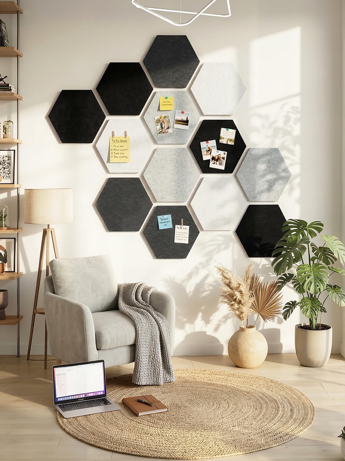 Uoisaiko 12" Large Bulletin Board with 30 Push Pins, Pack of 8 Hexagon Felt Pin Board Notice Boards for Home Office Kitchen, Felt Wall Tiles for Photos Memos