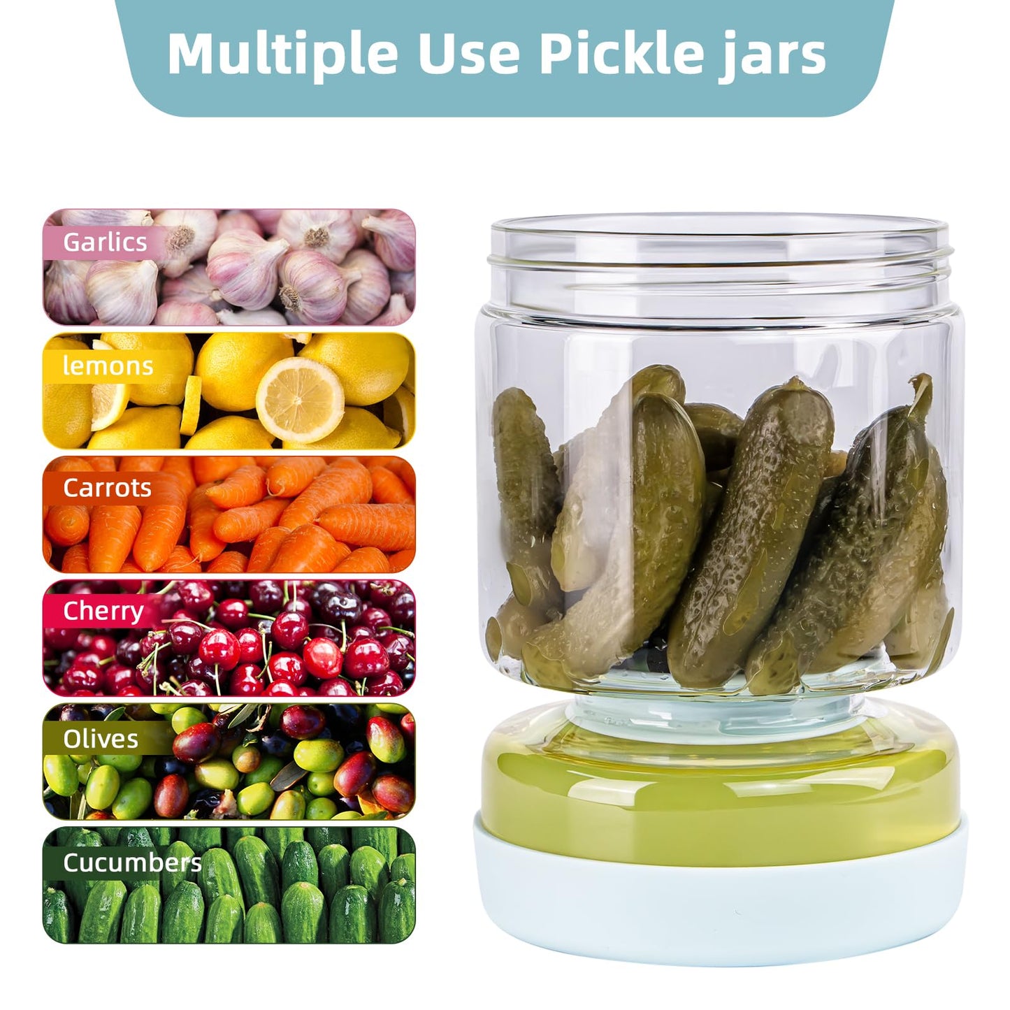 WhiteRhino Glass Pickle Container with Strainer,Olive Hourglass Jar,Pickle Jar Upside Down Kimchi for Jalapenos,Leakproof Airtight Lids and Refrigerator Dishwasher Safe (Blue/34oz)