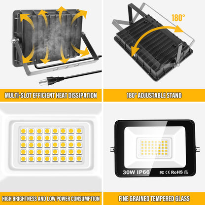 Willpower 2PCS Outdoor LED Floodlights 30W 3000LM, Flood Lights with Plug, LED Security Lights 3000K Warm White Job Site Work Lamp IP66 Waterproof for Garden Garage Yard Lawn Court Workshop Patio