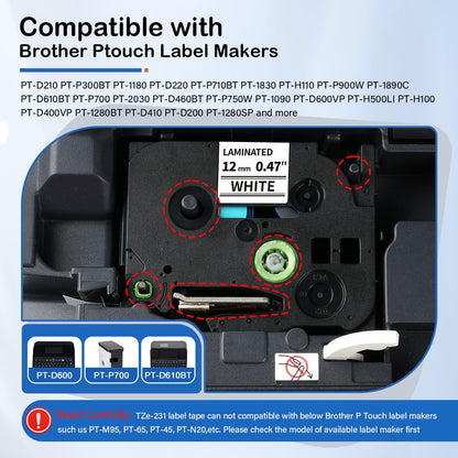 TZe-231 Label Maker Tape Replace for Brother Ptouch 12mm Tape TZe TZ 12 mm 0.47 Laminated White 1/2'' TZe231 Use for Brother P Touch PT-D210 PTH110 PTD600 PTD400AD PTD220 PT-P710BT PT-1290, 6 Pack