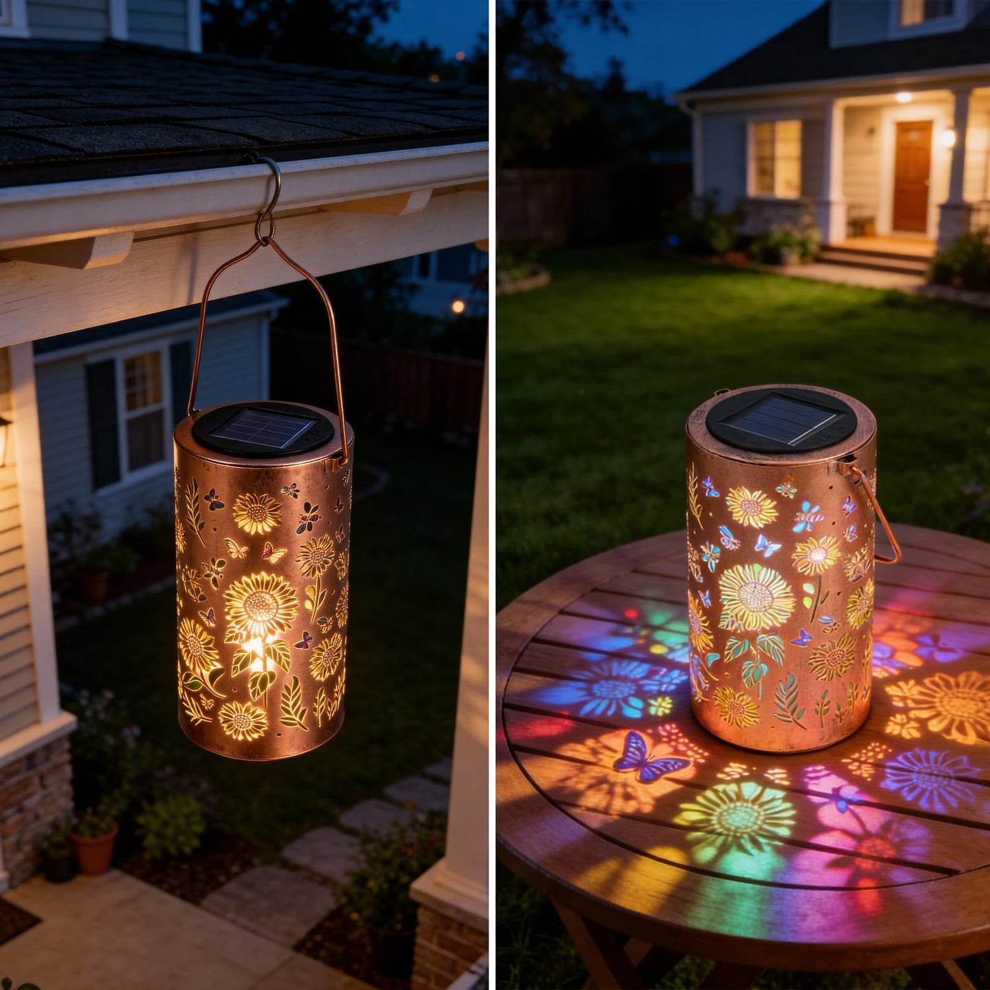 UZIMOO Solar Sunflower Lanterns Outdoor, Waterproof Hanging Lantern Lights, Hollowed-Out Metal Decor Lantern, Multicoloured LED Garden Decoration Light for Patio, Yard, Pathway, Landscape, Lawn