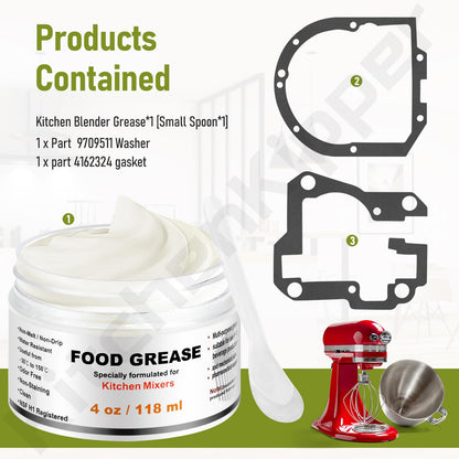 4 Oz Food Grade Grease for Kitchenaid Stand Mixer, Universally Compatible with Kitchen Stand Mixers - Equipped with 9709511 4162324 Gasket and Spatula