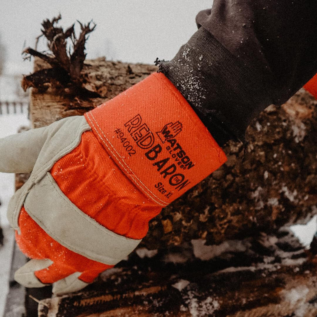 Watson Gloves Classic Red Baron Winter Work Glove - Full-Grain Cowhide Leather, Heavy Sherpa Lining, Cotton Drill Back
