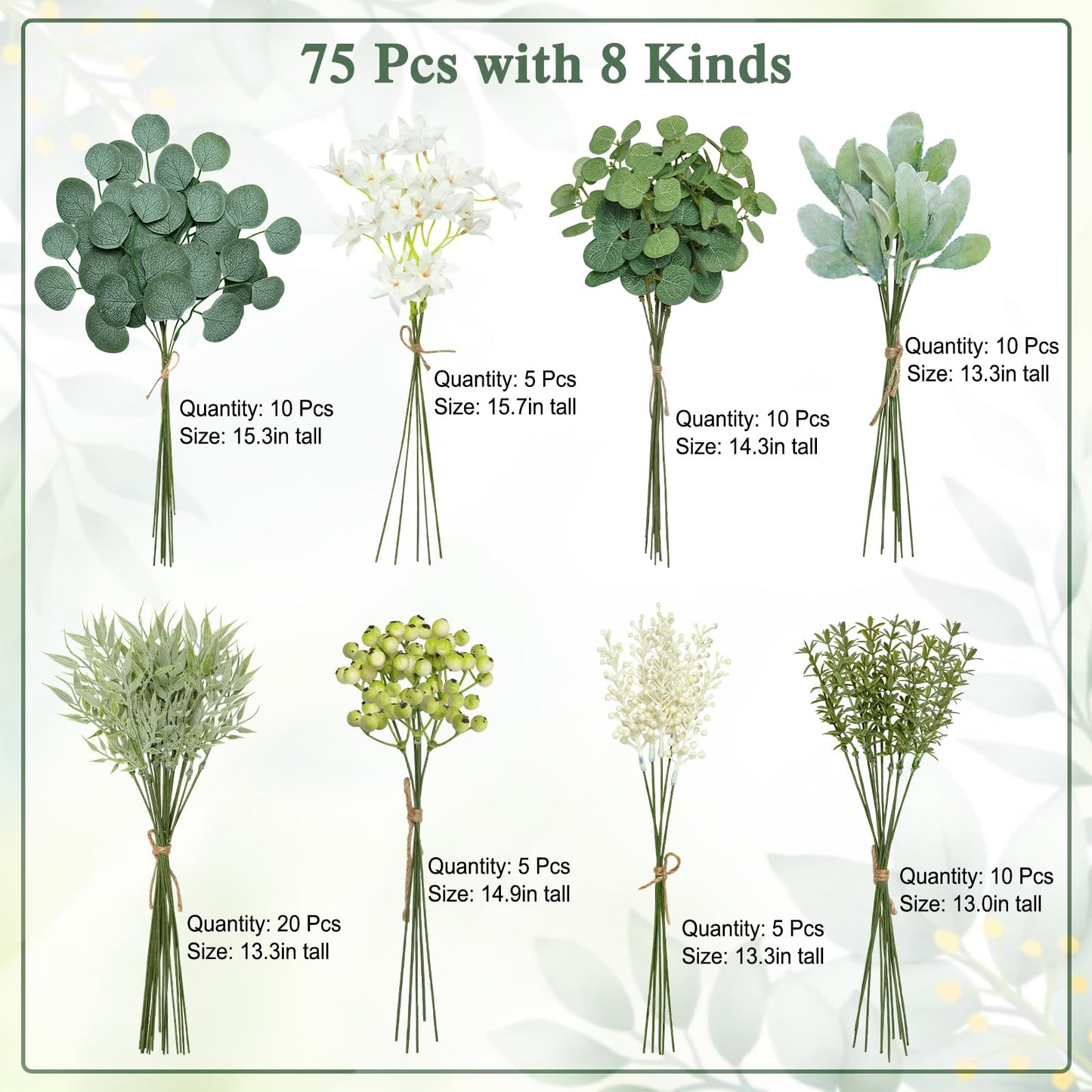 KHOYIME Artificial Greenery Stems Set with 8 Kinds of Eucalyptus Leaves White Flowers Berries Mixed Fake Green Plants Bulk Faux DIY Floral Bouquets Arrangement for Home Table Wedding Party Decor 75PCS