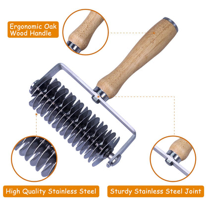 Stainless Steel Lattice Cutter With Wooden Handle - Dough Wheel Roller for Pie Crust, Beef Wellington, Bread, Pizza, and Puff Pastry